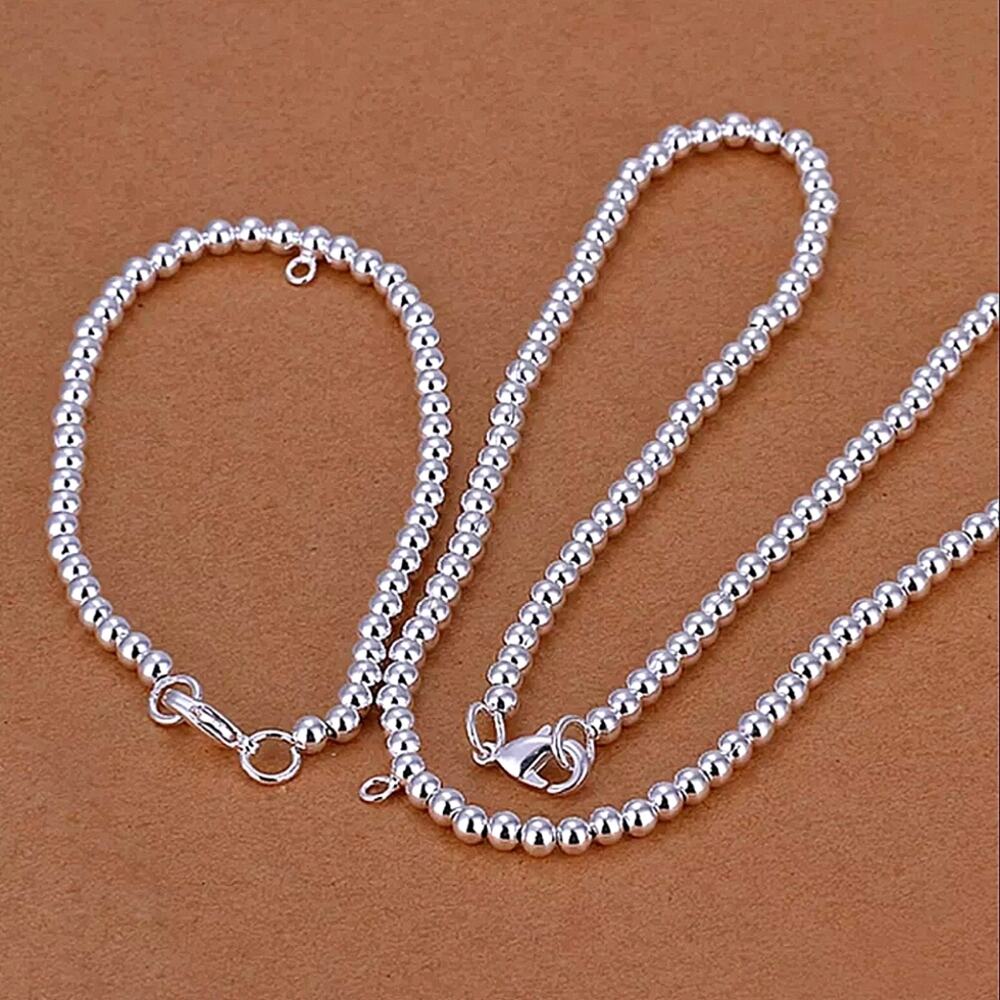 Beaded Ball Sterling Silver Necklace Matching Bracelet Set 4mm